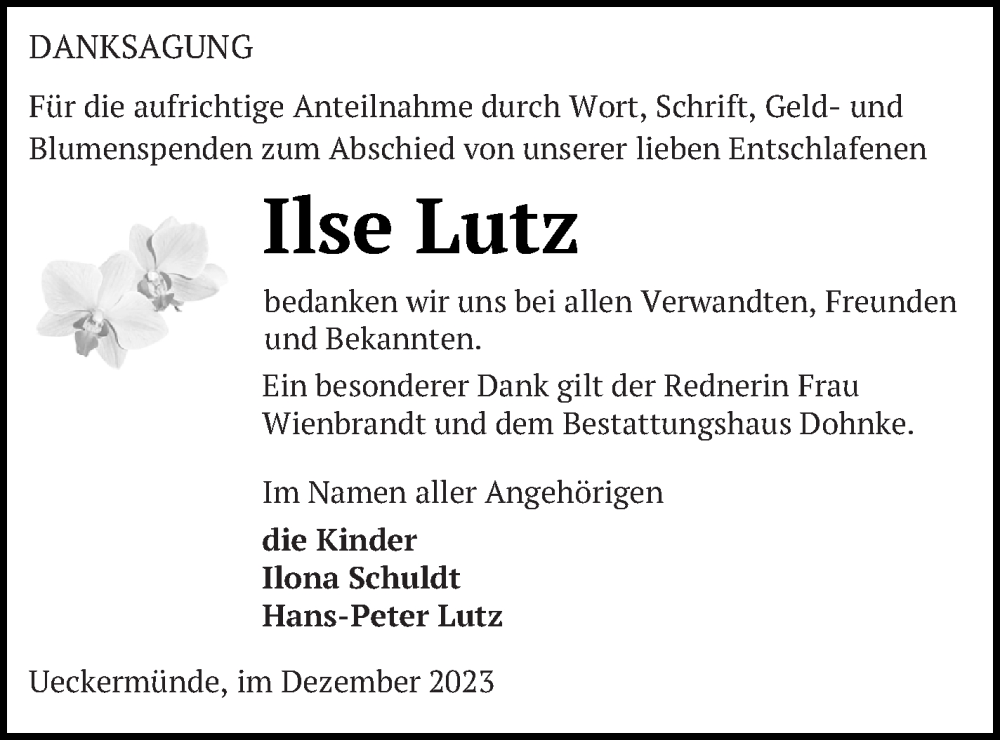 Traueranzeigen Von Ilse Lutz Trauer Nordkurier