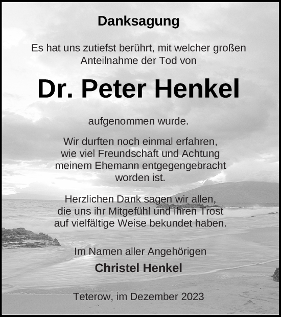 Traueranzeige von Peter Henkel von Mecklenburger Schweiz