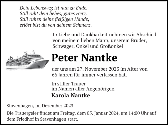 Traueranzeige von Peter Nantke von Mecklenburger Schweiz