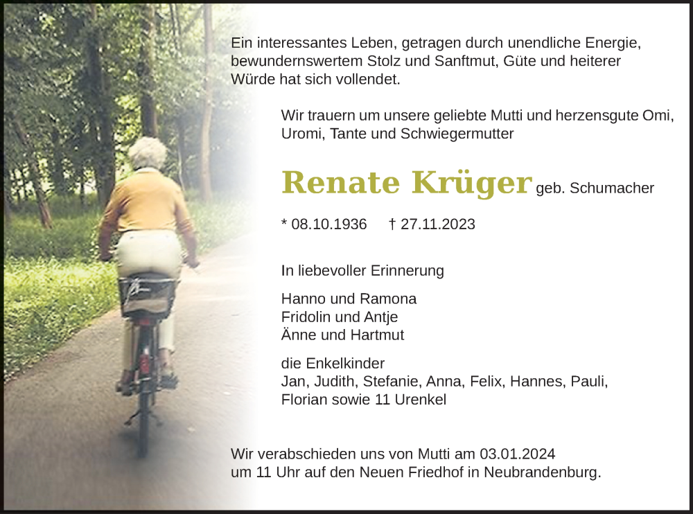  Traueranzeige für Renate Krüger vom 08.12.2023 aus Neubrandenburger Zeitung
