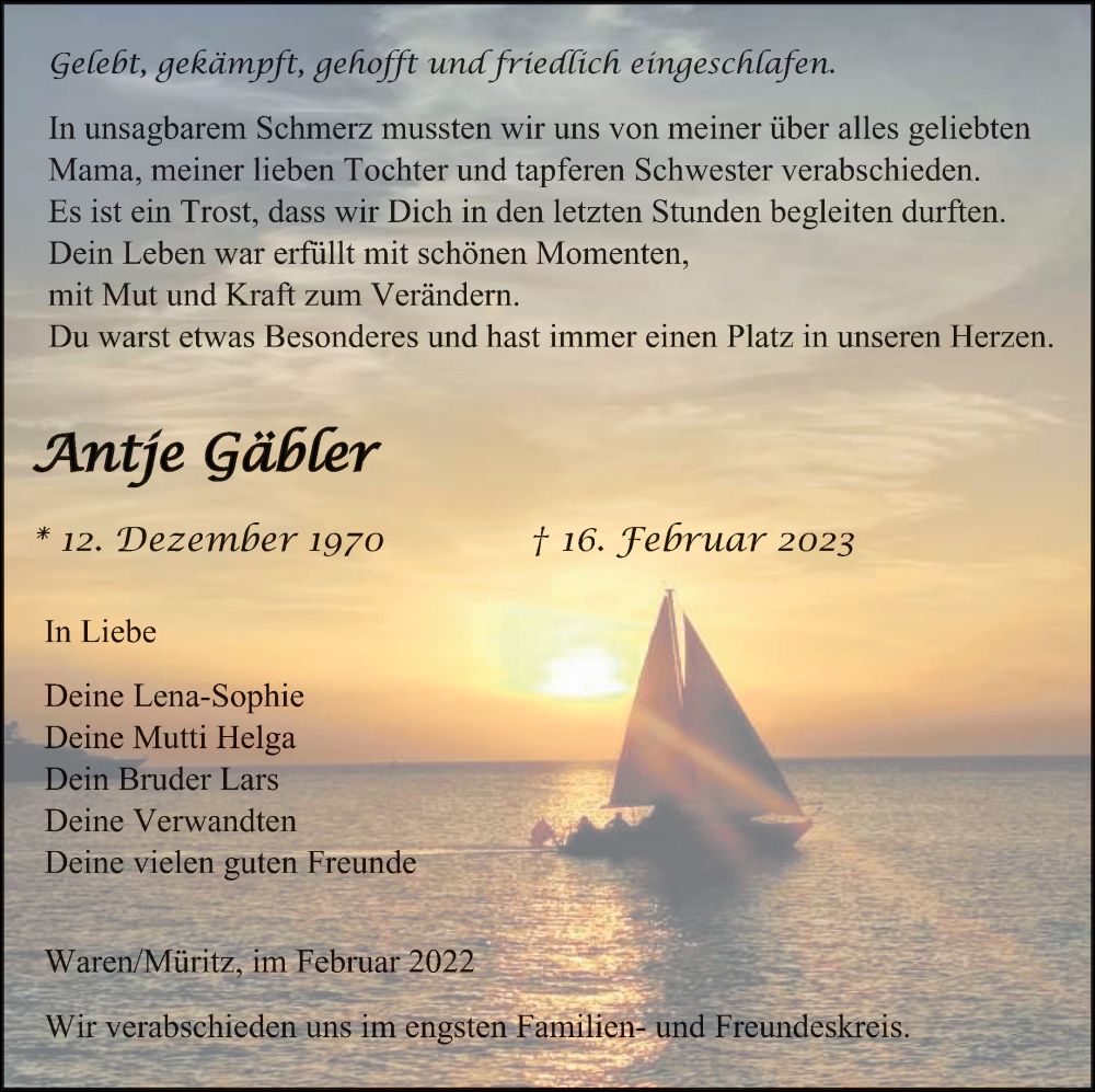  Traueranzeige für Antje Gäbler vom 24.02.2023 aus Müritz-Zeitung