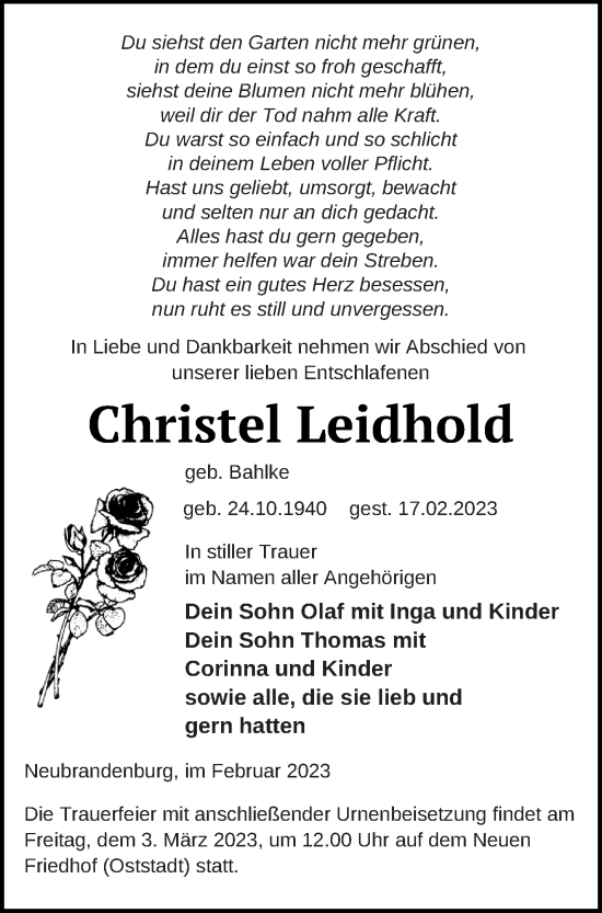 Traueranzeigen Von Christel Leidhold Trauer Nordkurier