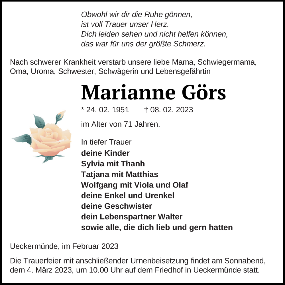  Traueranzeige für Marianne Görs vom 18.02.2023 aus Haff-Zeitung