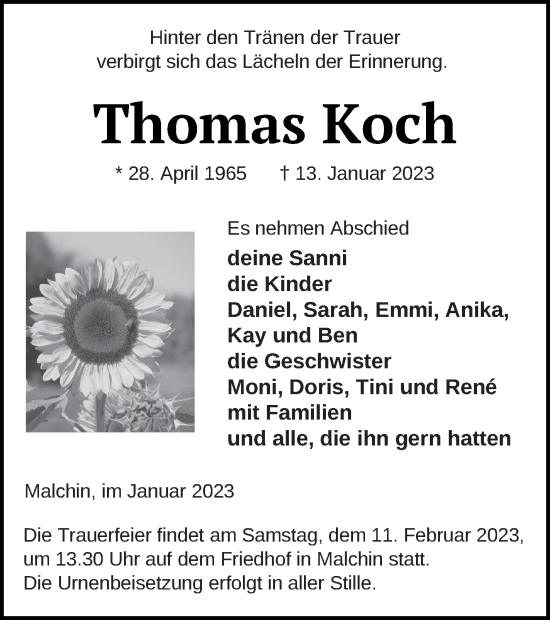 Traueranzeigen Von Thomas Koch Trauer Nordkurier