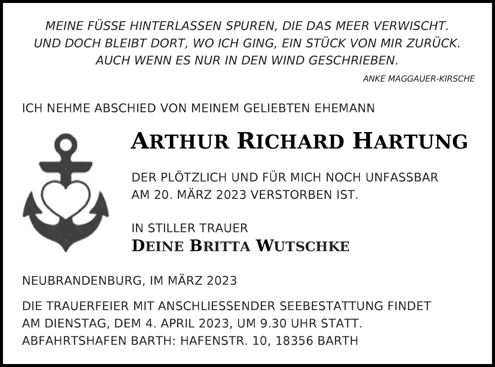  Traueranzeige für Arthur Richard Hartung vom 25.03.2023 aus Neubrandenburger Zeitung