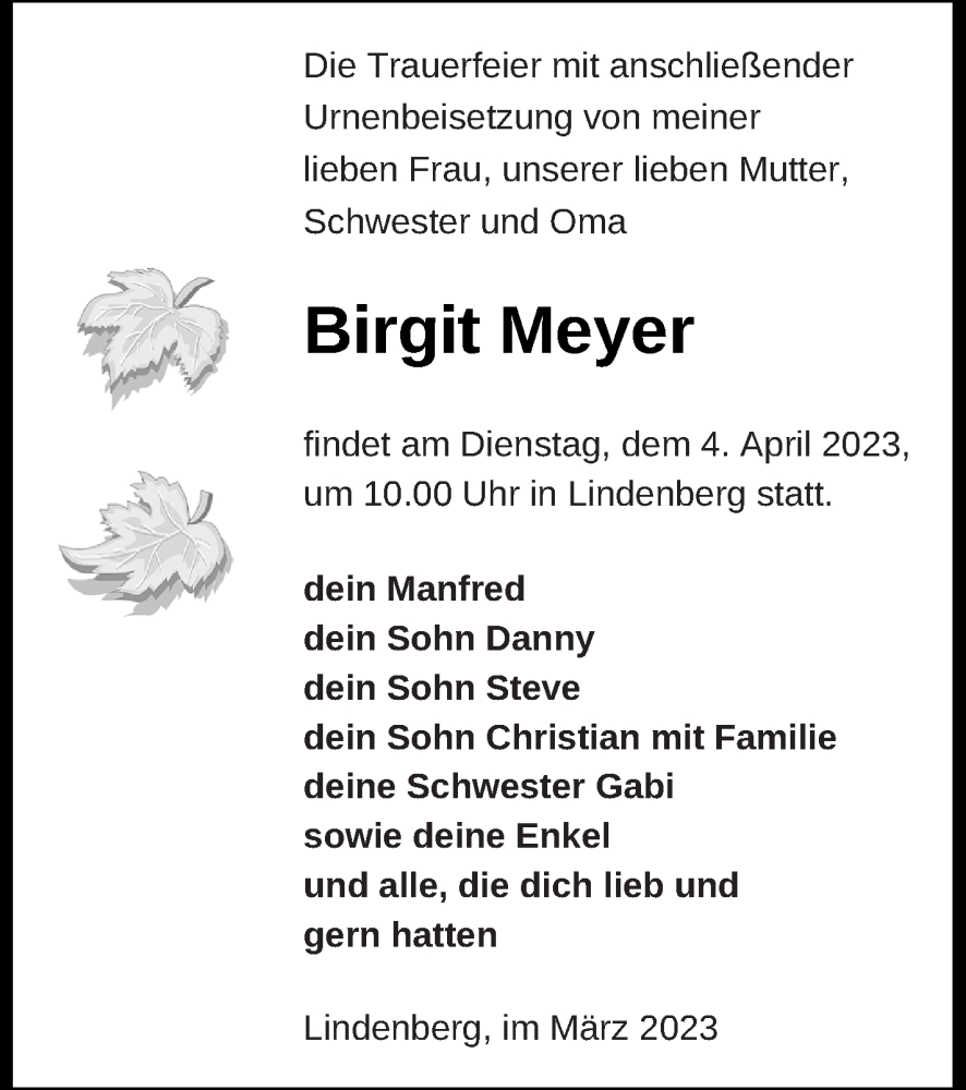  Traueranzeige für Birgit Meyer vom 24.03.2023 aus Demminer Zeitung