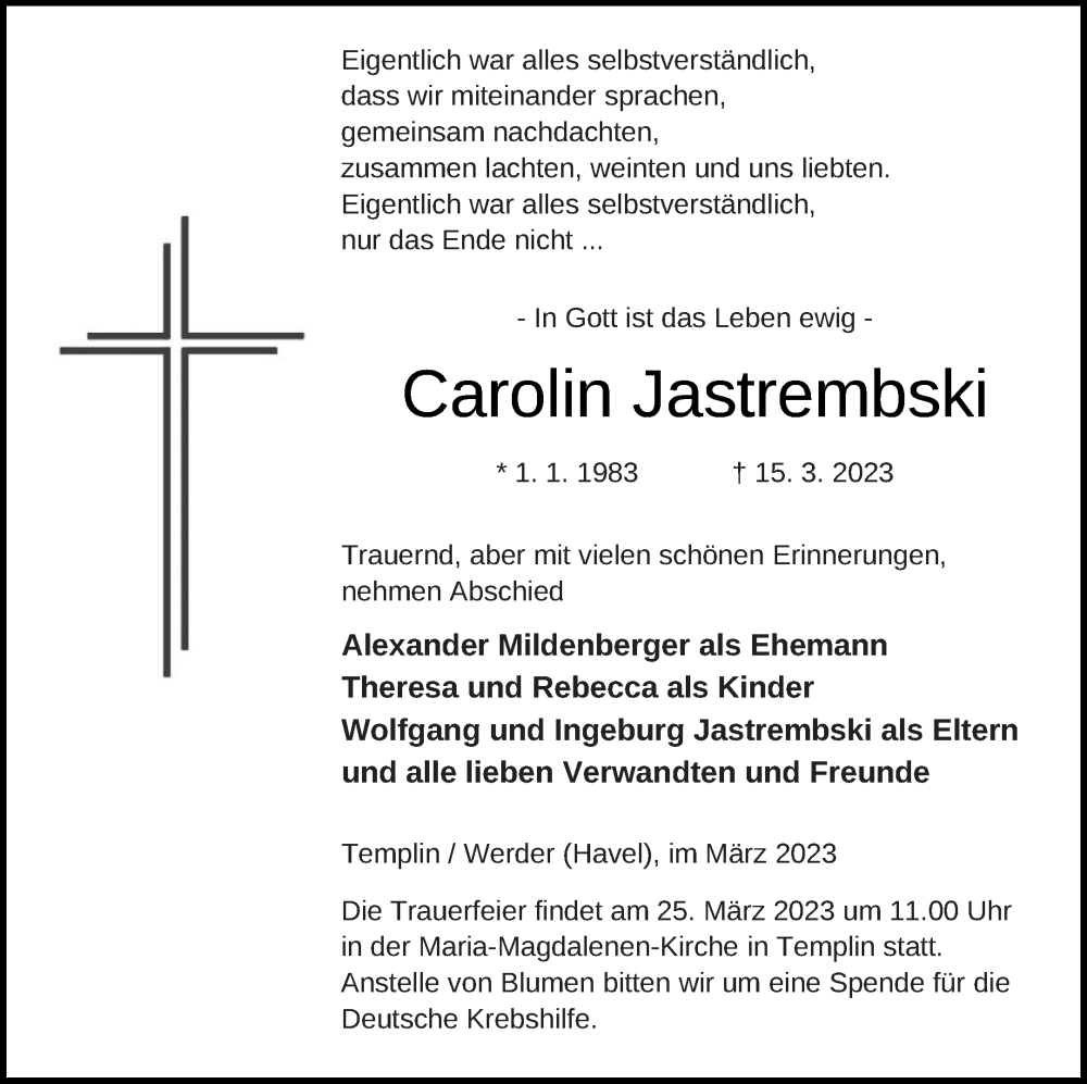  Traueranzeige für Carolin Jastrembski vom 21.03.2023 aus Templiner Zeitung