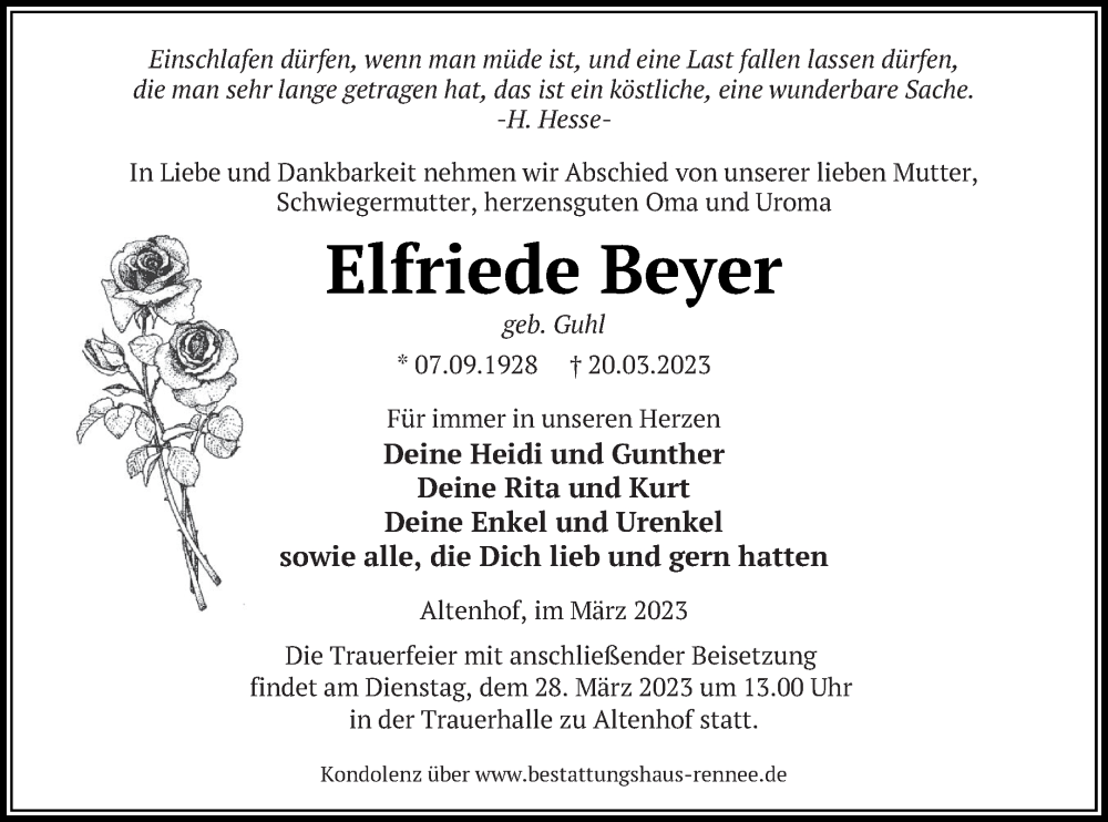  Traueranzeige für Elfriede Beyer vom 25.03.2023 aus Müritz-Zeitung