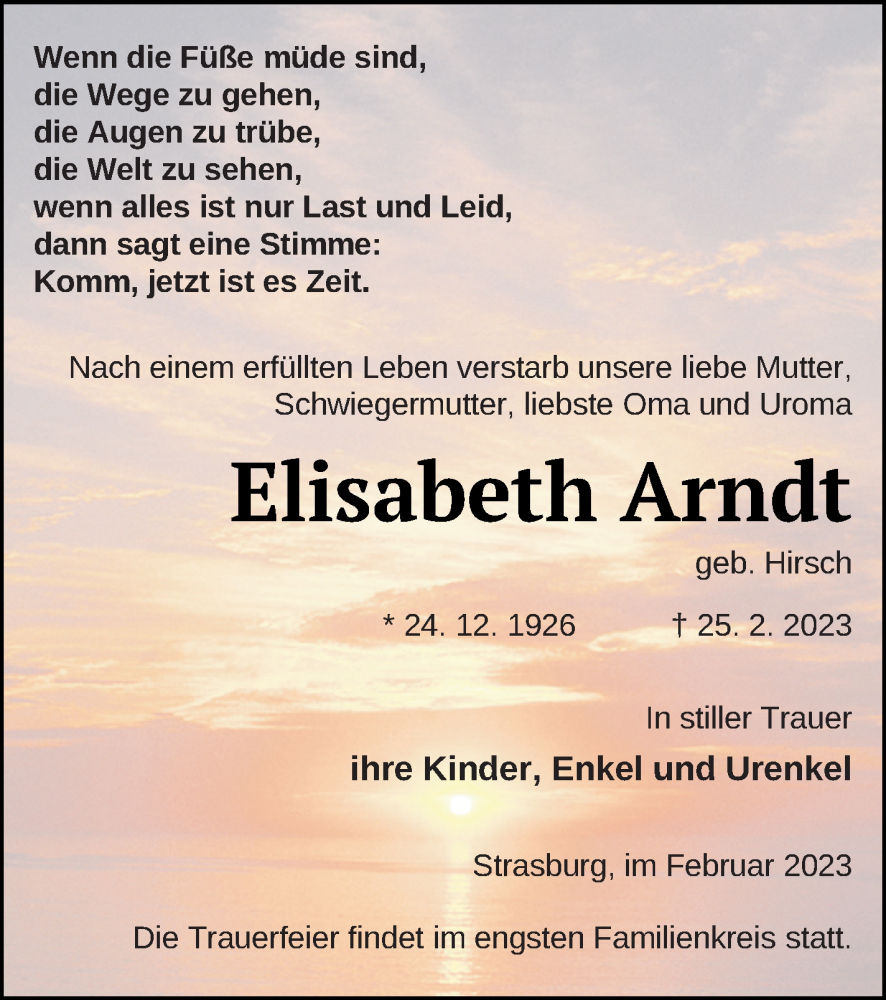  Traueranzeige für Elisabeth Arndt vom 04.03.2023 aus Pasewalker Zeitung
