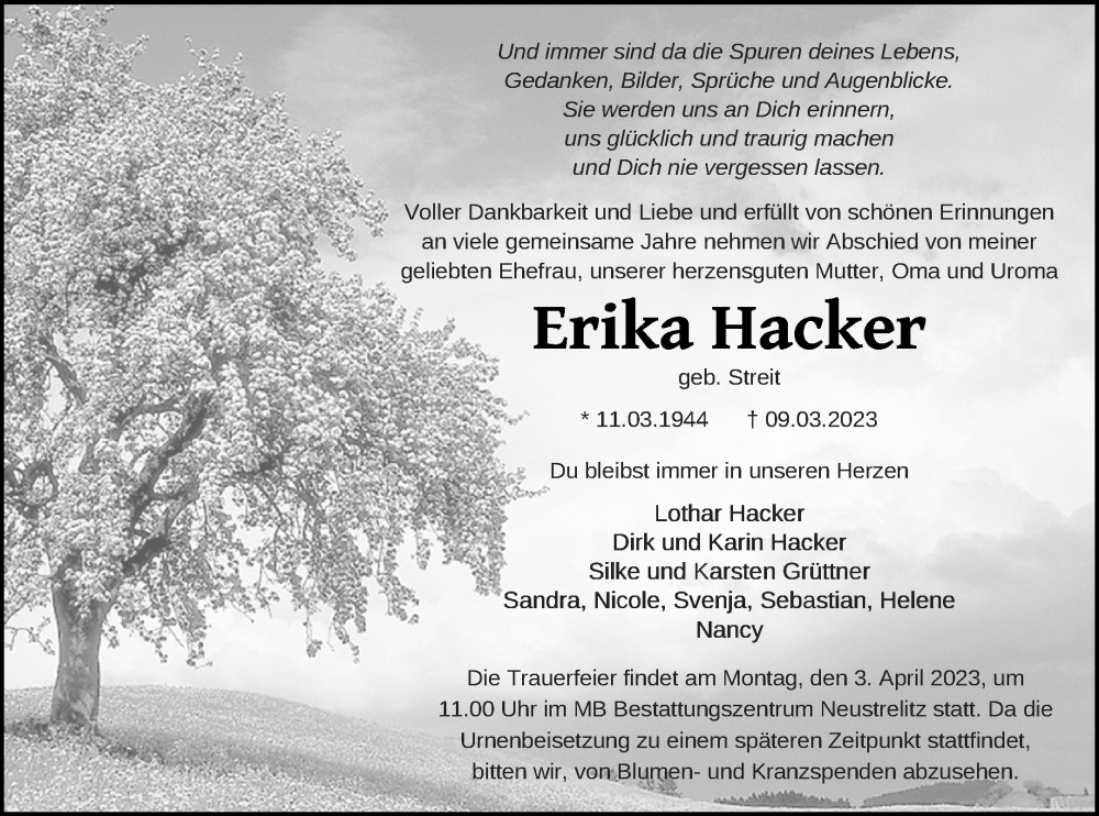  Traueranzeige für Erika Hacker vom 17.03.2023 aus Strelitzer Zeitung