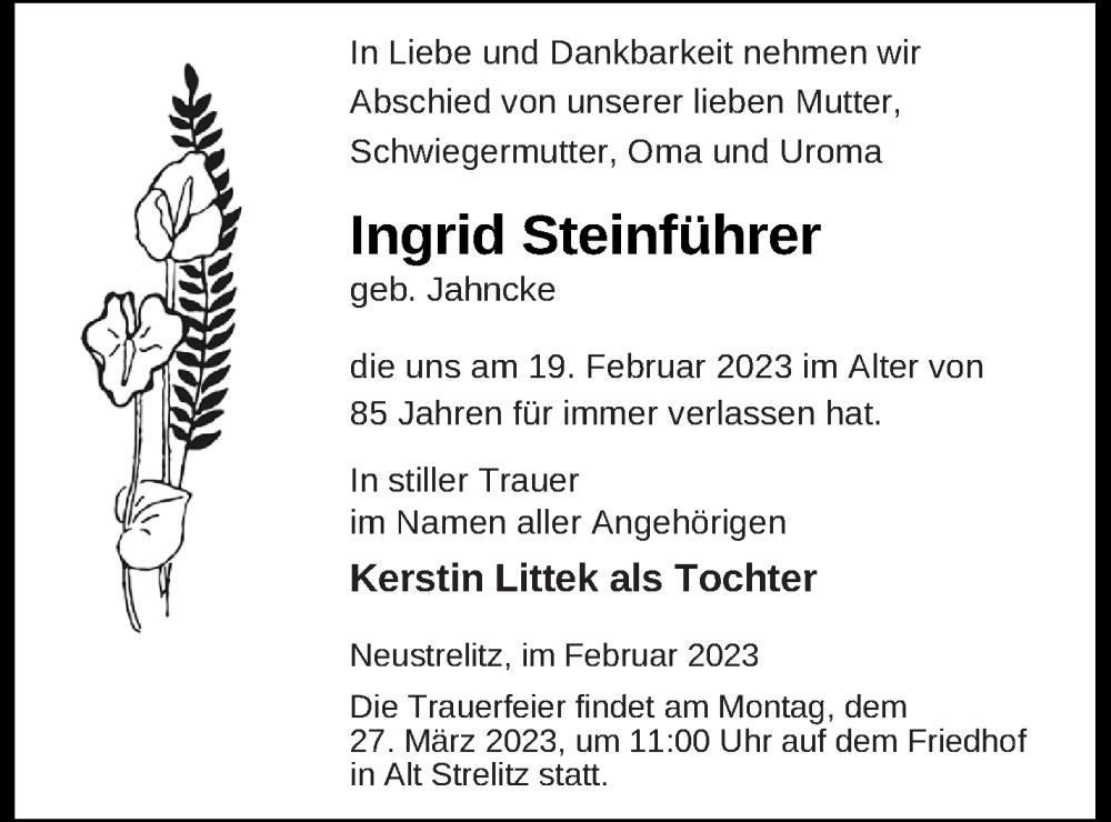  Traueranzeige für Ingrid Steinführer vom 21.03.2023 aus Strelitzer Zeitung