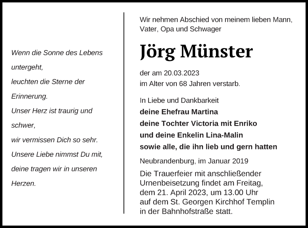  Traueranzeige für Jörg Münster vom 31.03.2023 aus Templiner Zeitung