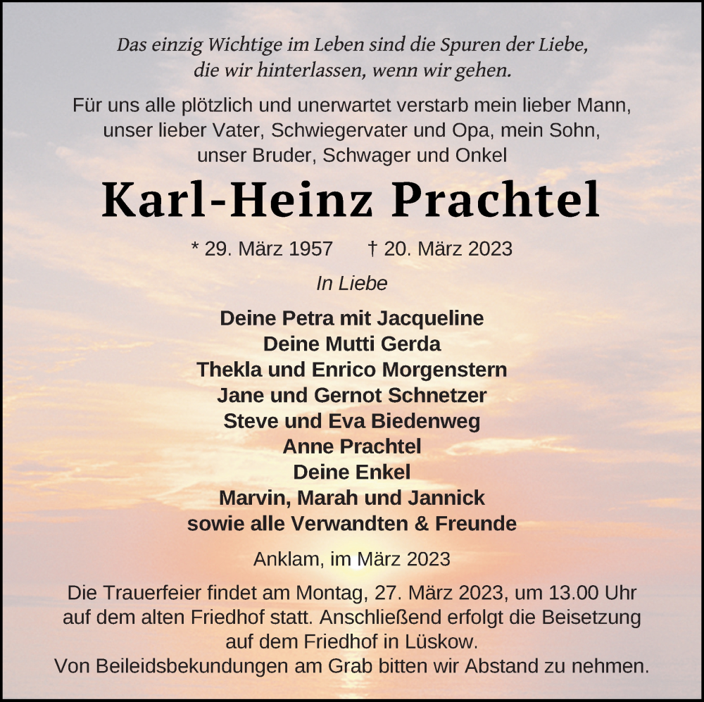  Traueranzeige für Karl-Heinz Prachtel vom 25.03.2023 aus Vorpommern Kurier