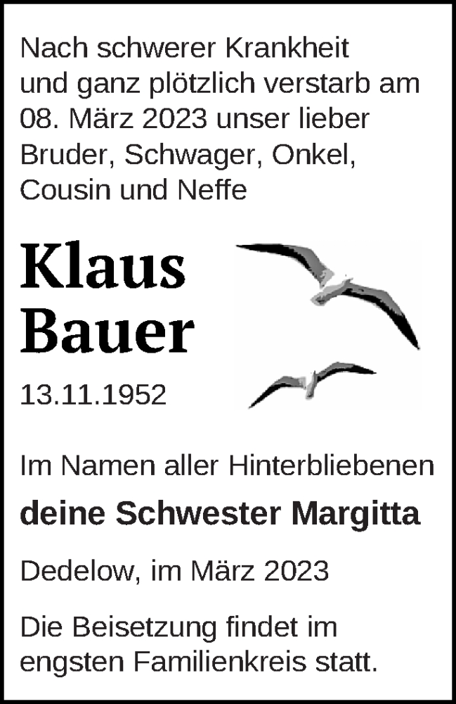  Traueranzeige für Klaus Bauer vom 24.03.2023 aus Demminer Zeitung