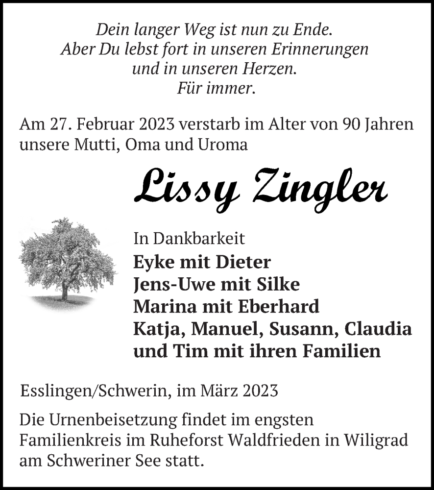  Traueranzeige für Lissy Zingler vom 11.03.2023 aus Pasewalker Zeitung