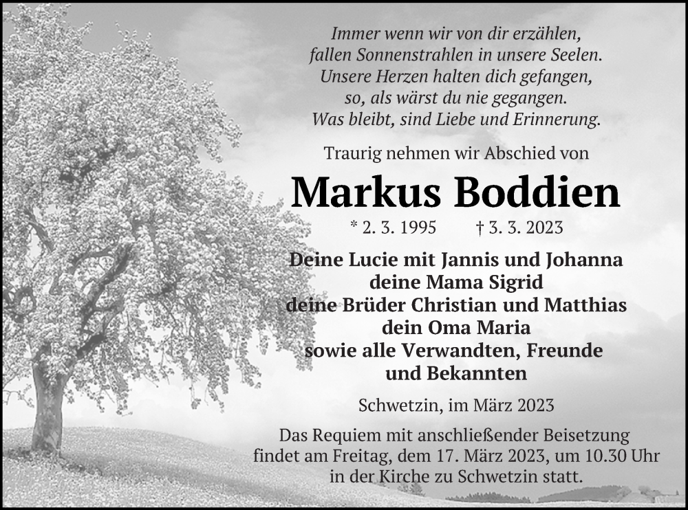  Traueranzeige für Markus Boddien vom 16.03.2023 aus Mecklenburger Schweiz