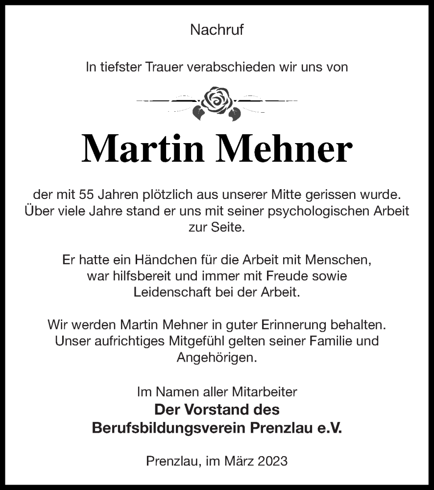  Traueranzeige für Martin Mehner vom 18.03.2023 aus Uckermark Kombination