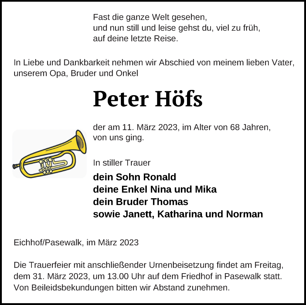  Traueranzeige für Peter Höfs vom 18.03.2023 aus Pasewalker Zeitung
