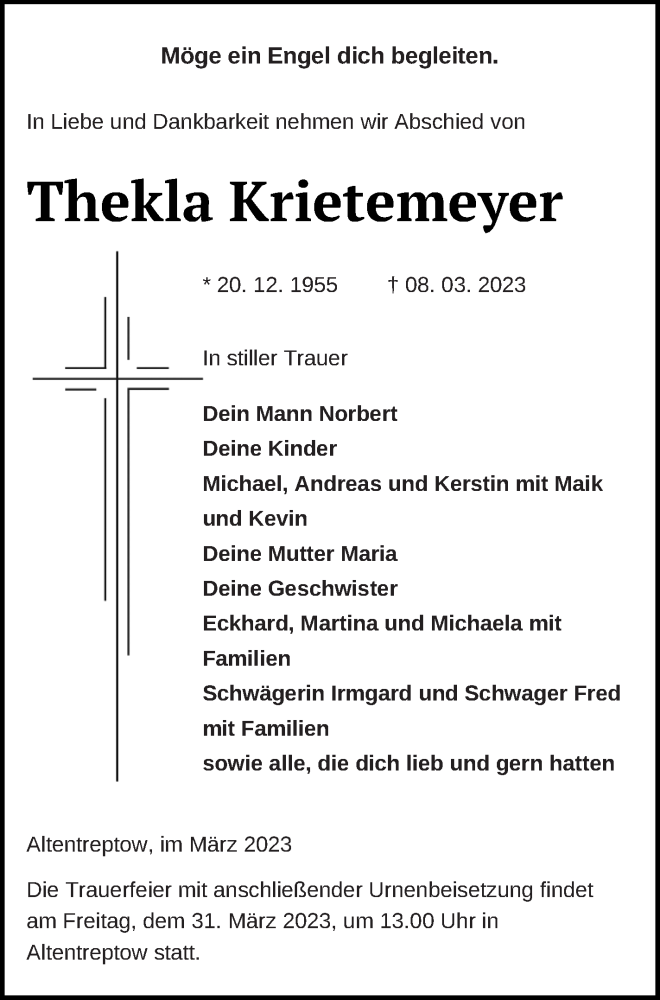  Traueranzeige für Thekla Krietemeyer vom 17.03.2023 aus Mecklenburger Schweiz