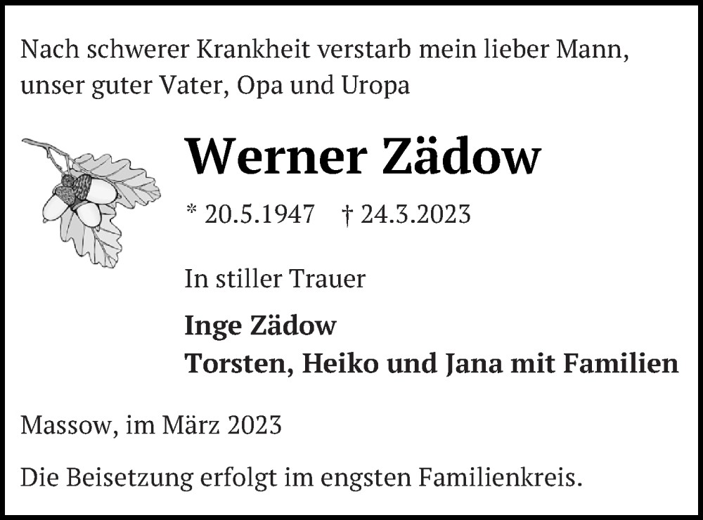  Traueranzeige für Werner Zädow vom 28.03.2023 aus Müritz-Zeitung