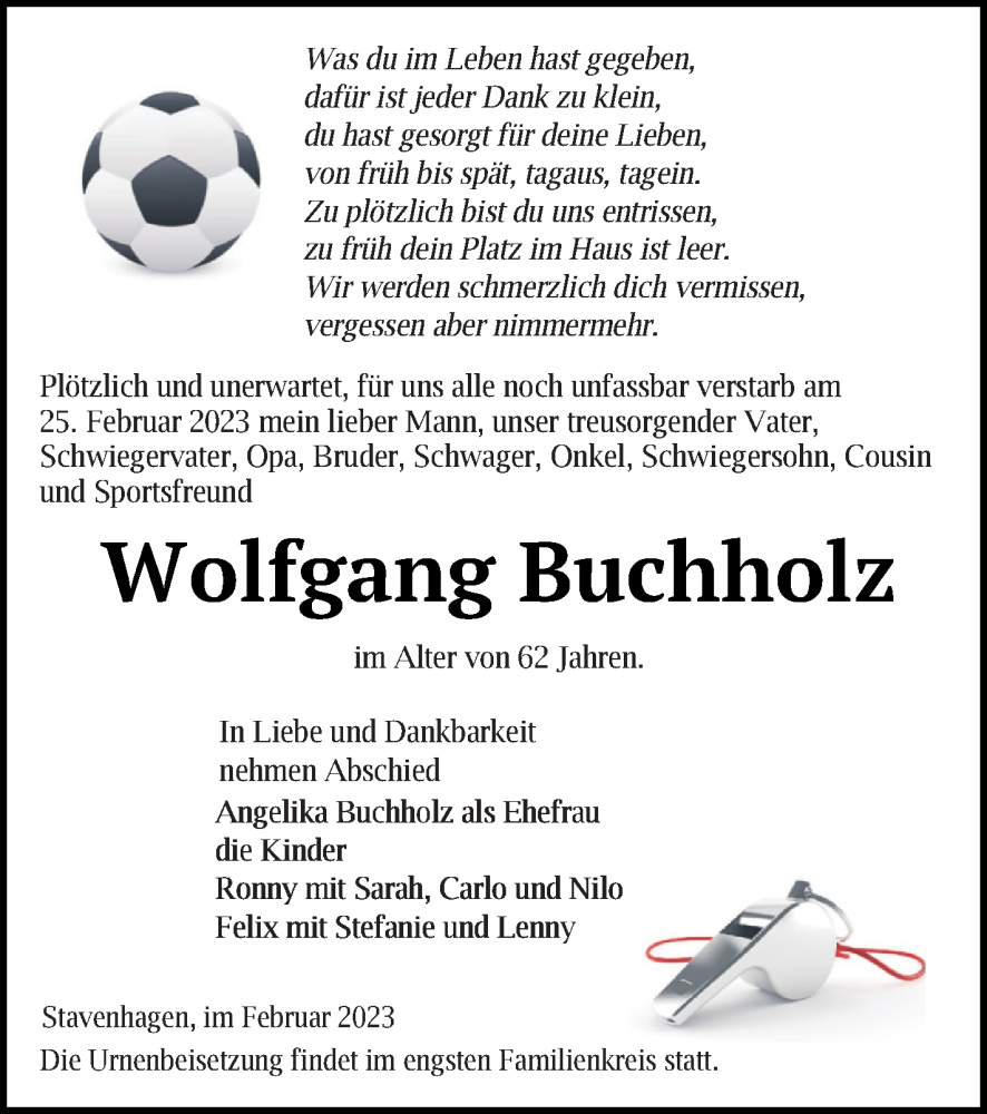  Traueranzeige für Wolfgang Buchholz vom 07.03.2023 aus Mecklenburger Schweiz