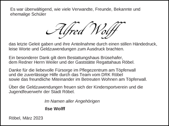 Traueranzeige von Alfred Wolff von Müritz-Zeitung
