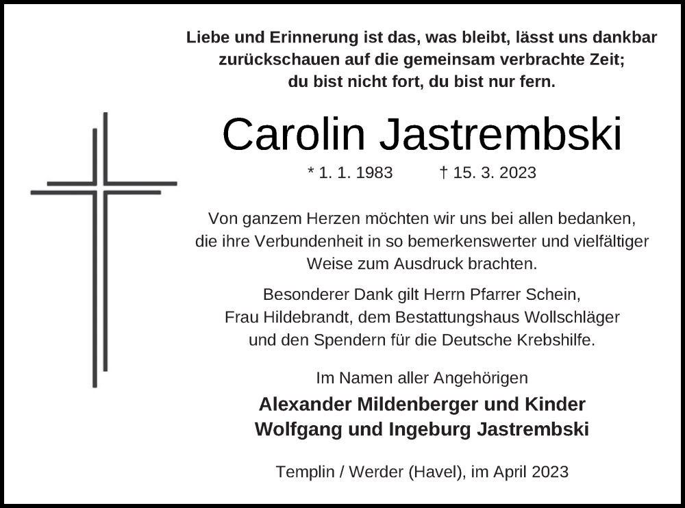  Traueranzeige für Carolin Jastrembski vom 22.04.2023 aus Templiner Zeitung