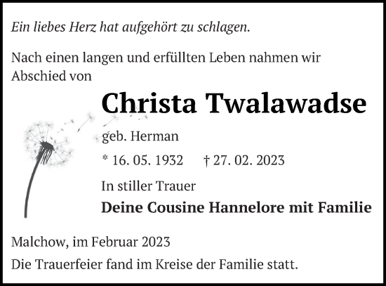 Traueranzeigen Von Christa Twalawadse Trauer Nordkurier