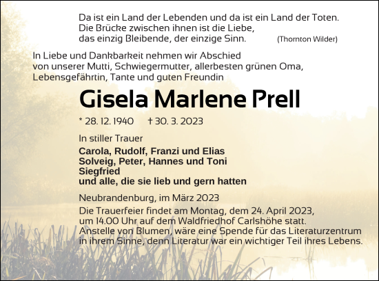 Traueranzeigen Von Gisela Marlene Prell Trauer Nordkurier