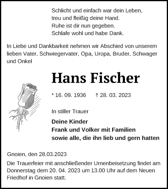 Traueranzeigen Von Hans Fischer Trauer Nordkurier