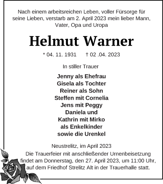 Traueranzeigen Von Helmut Warner Trauer Nordkurier