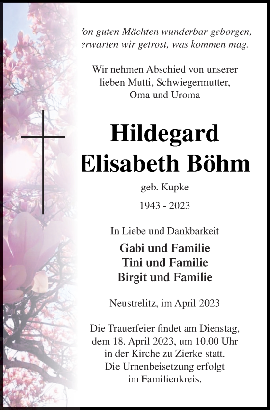 Traueranzeigen Von Hildegard Elisabeth B Hm Trauer Nordkurier