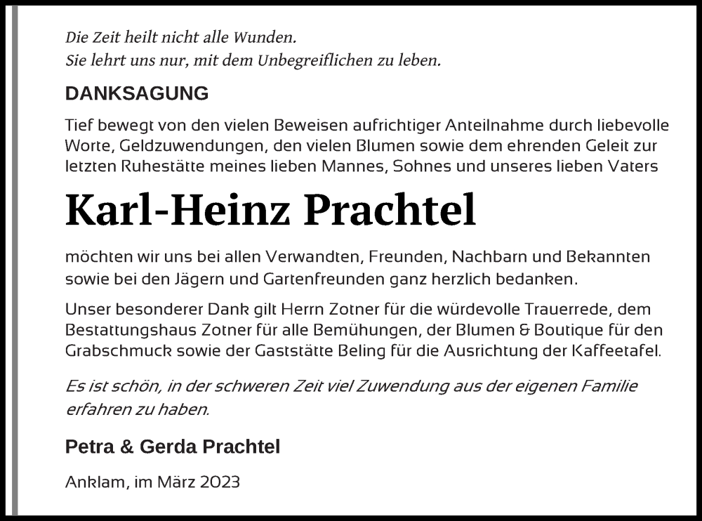  Traueranzeige für Karl-Heinz Prachtel vom 01.04.2023 aus Vorpommern Kurier