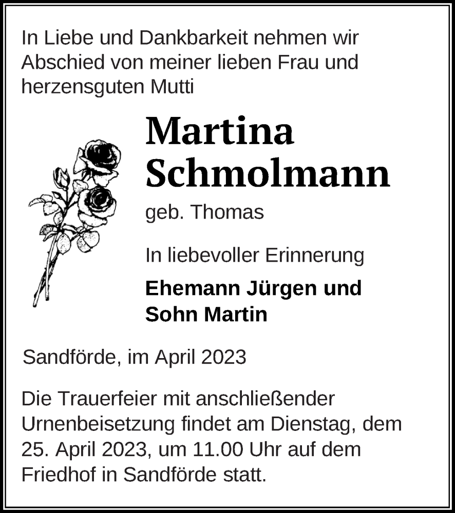  Traueranzeige für Martina Schmolmann vom 20.04.2023 aus Haff-Zeitung