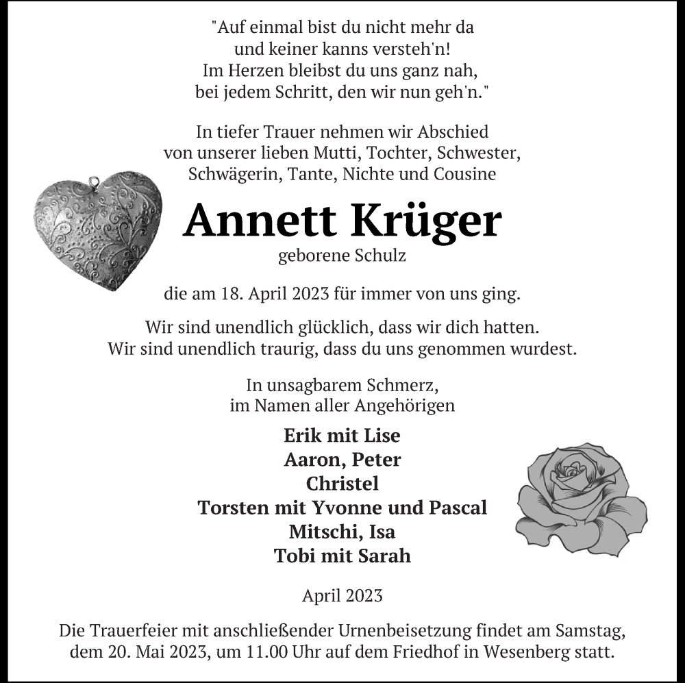  Traueranzeige für Annett Krüger vom 12.05.2023 aus Strelitzer Zeitung
