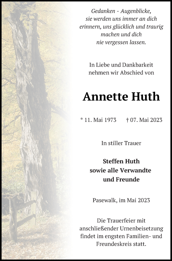 Traueranzeigen Von Annette Huth Trauer Nordkurier