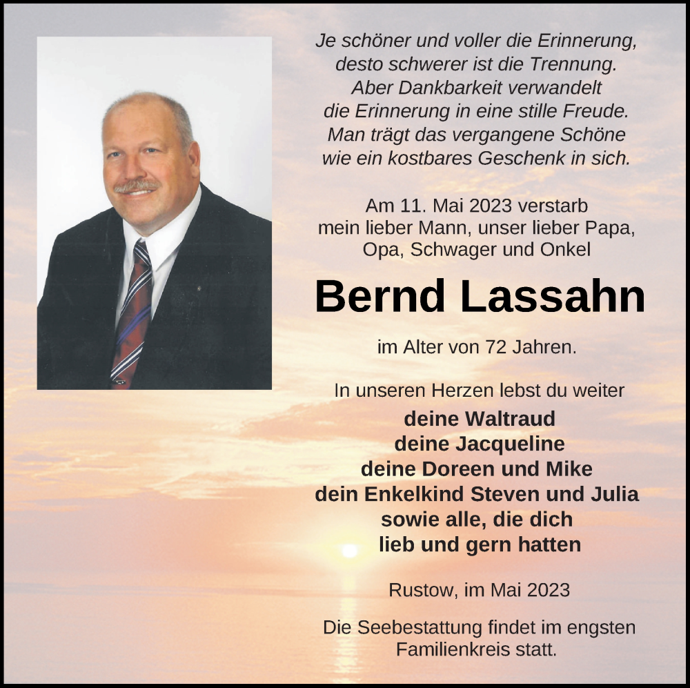  Traueranzeige für Bernd Lassahn vom 20.05.2023 aus Demminer Zeitung