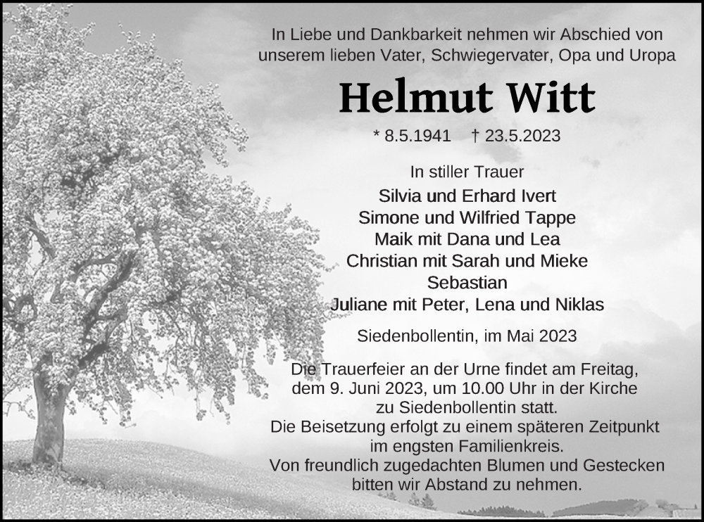  Traueranzeige für Helmut Witt vom 26.05.2023 aus Neubrandenburger Zeitung