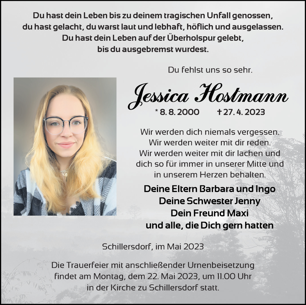  Traueranzeige für Jessica Hostmann vom 16.05.2023 aus Strelitzer Zeitung