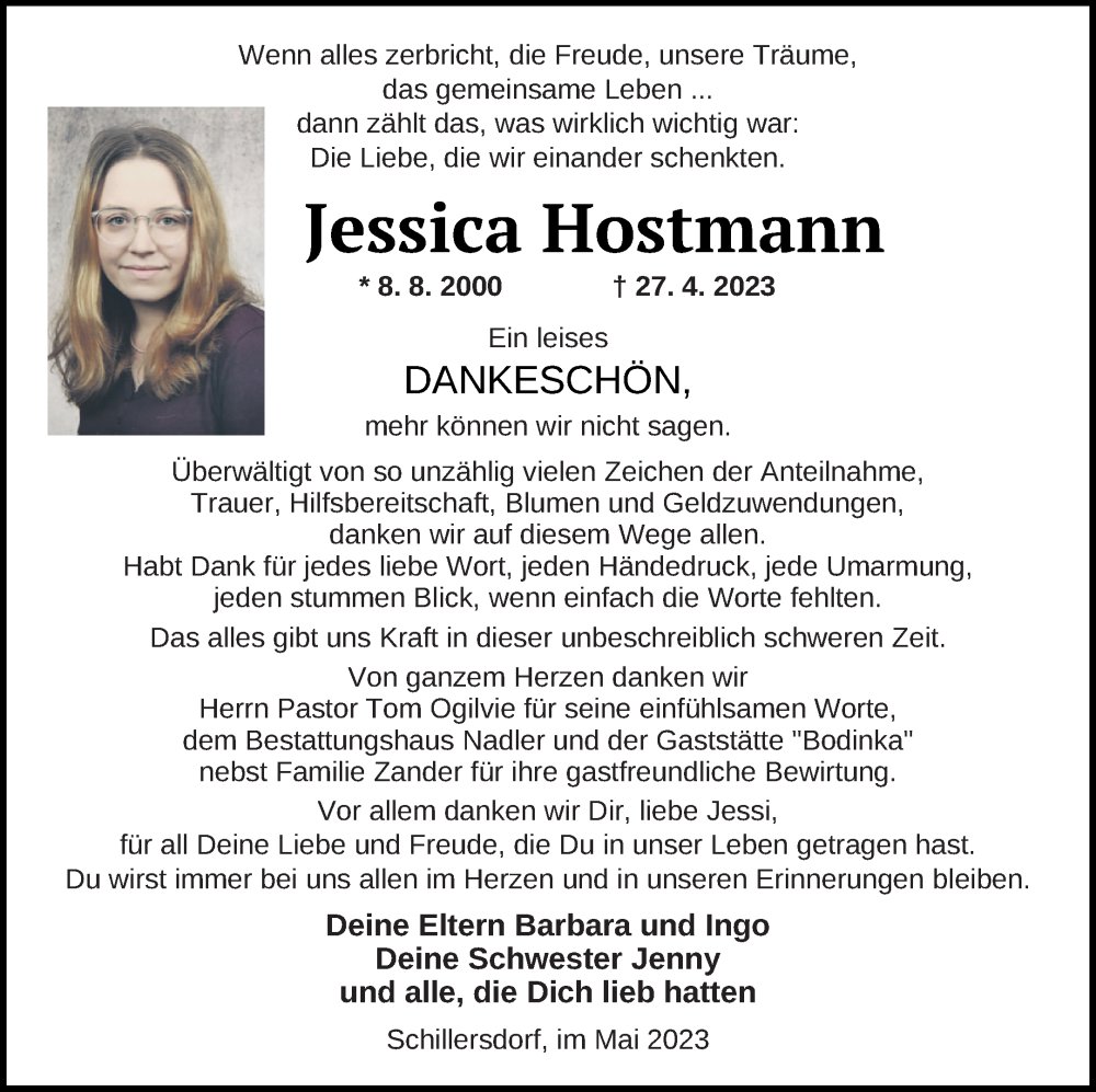  Traueranzeige für Jessica Hostmann vom 27.05.2023 aus Strelitzer Zeitung