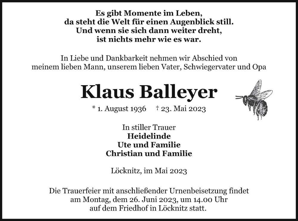  Traueranzeige für Klaus Balleyer vom 27.05.2023 aus Pasewalker Zeitung