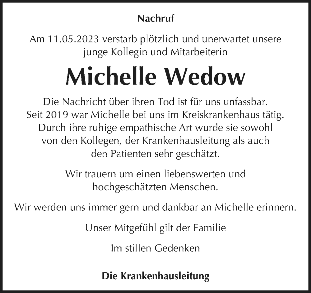 Traueranzeige für Michelle Wedow vom 27.05.2023 aus Demminer Zeitung