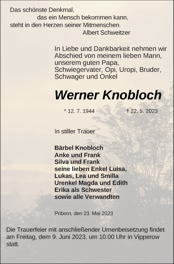  Traueranzeige für Werner Knobloch vom 24.05.2023 aus Müritz-Zeitung