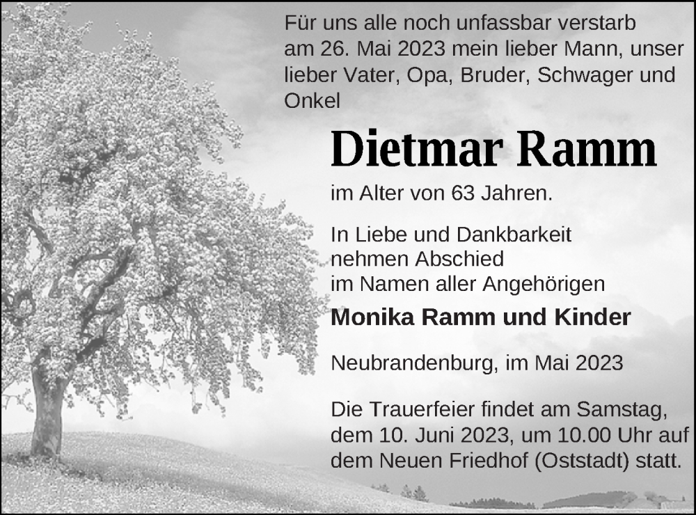 Traueranzeige für Dietmar Ramm vom 01.06.2023 aus Neubrandenburger Zeitung