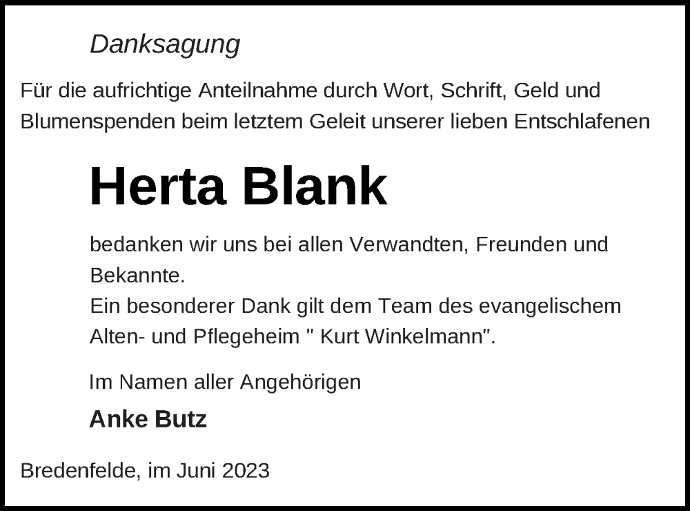 Traueranzeigen Von Herta Blank Trauer Nordkurier