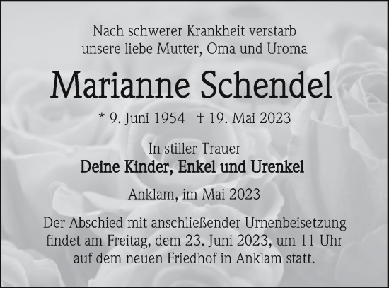 Traueranzeigen Von Marianne Schendel Trauer Nordkurier