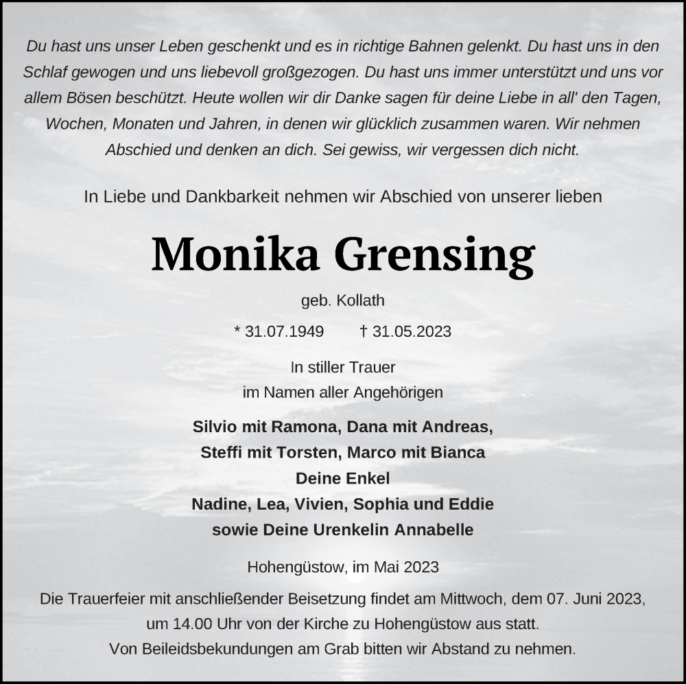  Traueranzeige für Monika Grensing vom 03.06.2023 aus Prenzlauer Zeitung