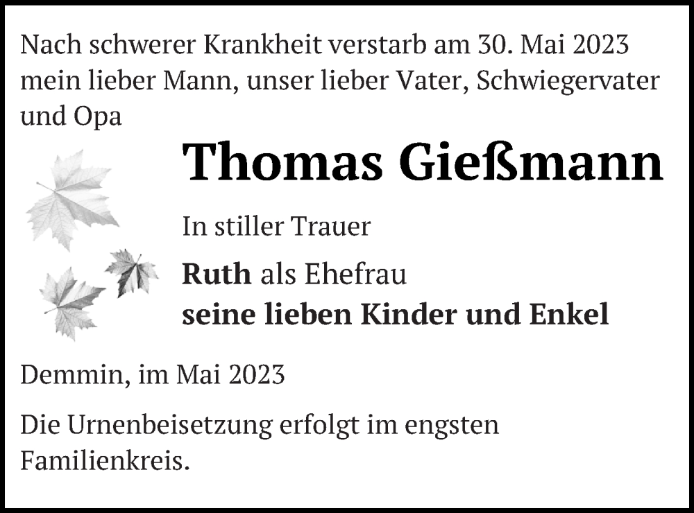  Traueranzeige für Thomas Gießmann vom 02.06.2023 aus Demminer Zeitung
