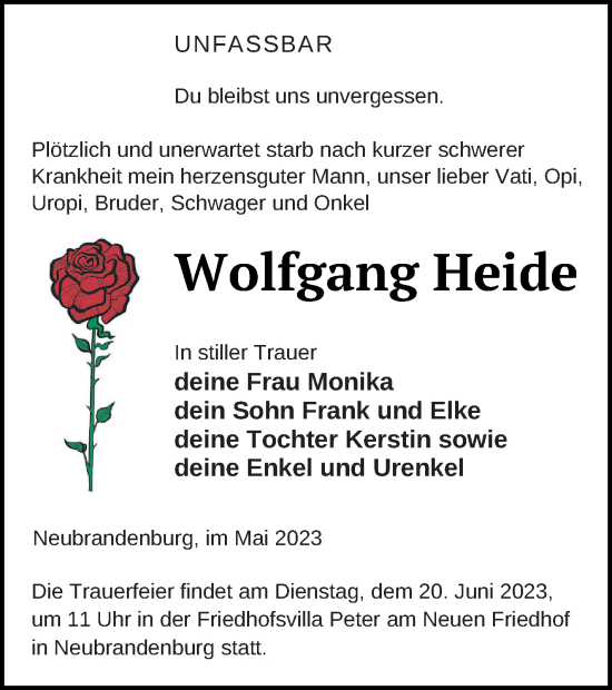 Traueranzeigen Von Wolfgang Heide Trauer Nordkurier