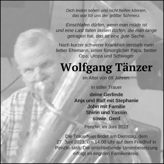 Traueranzeigen von Wolfgang Tänzer Trauer Nordkurier